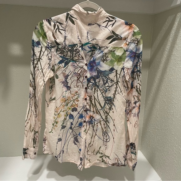 Johnny Was Floral Button-Down Shirt - Cream, Blue, Green - Picture 2 of 5